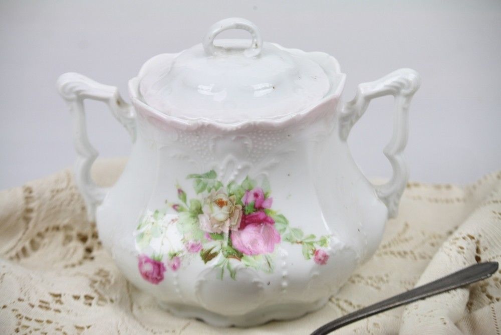 Antique Sugar Bowl w Lid Sugar Pot Austrian Luster Fuchsia Cream Roses Shabby
