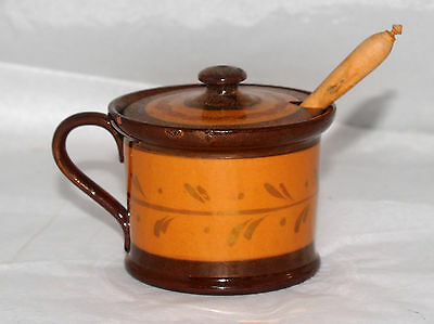 ANTIQUE ENGLISH COPPER LUSTRE WARE PORCELAIN BANDED MUSTARD POT CUP W/ SPOON