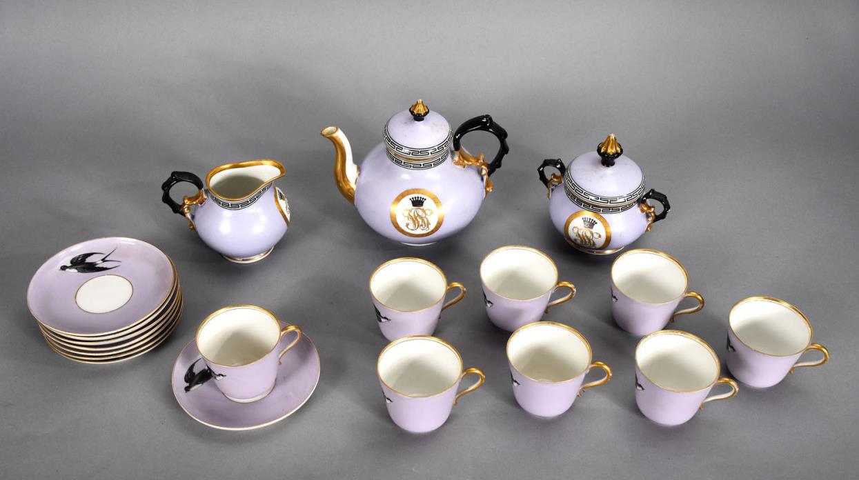 Antique Old Paris French Porcelain Tea Set - Lavender w/ Crown & Swallow Bird
