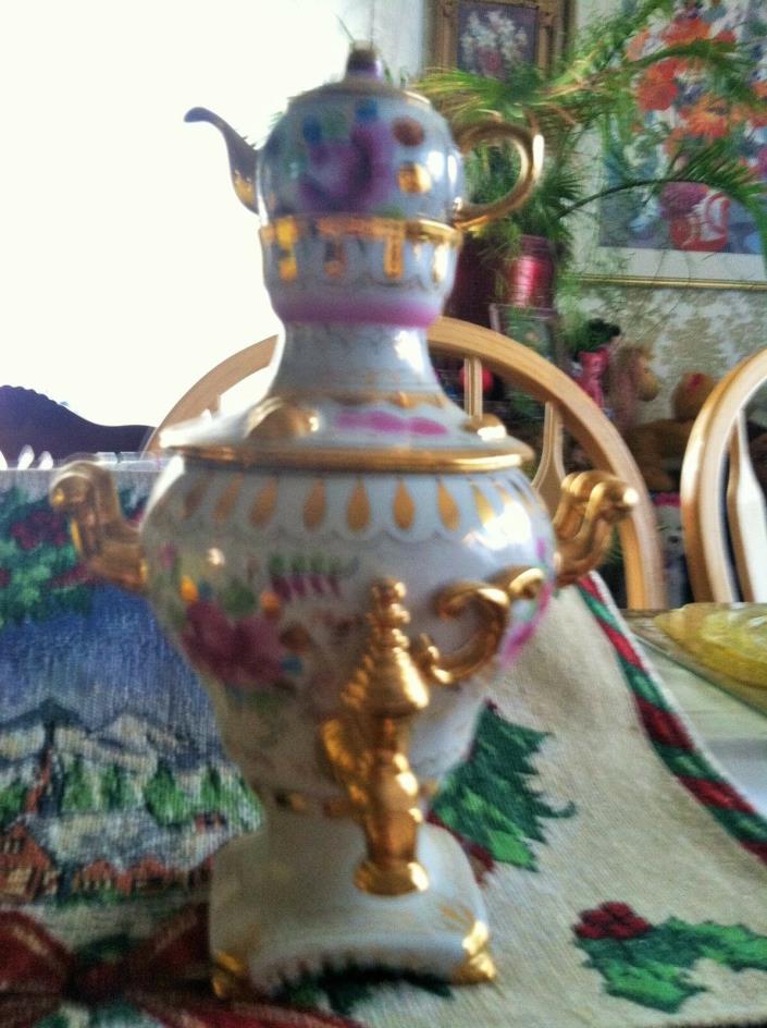 Russian Porcelain & Gold Gzhel Samovar Vintage Teapot Roses/Green&Blue MINT