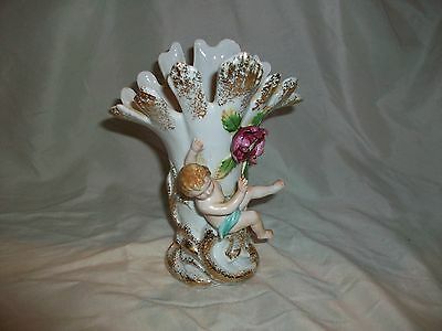 Vintage Antique Porcelain Child Figural Figure Fan Vase Gold Trim Marked S4584