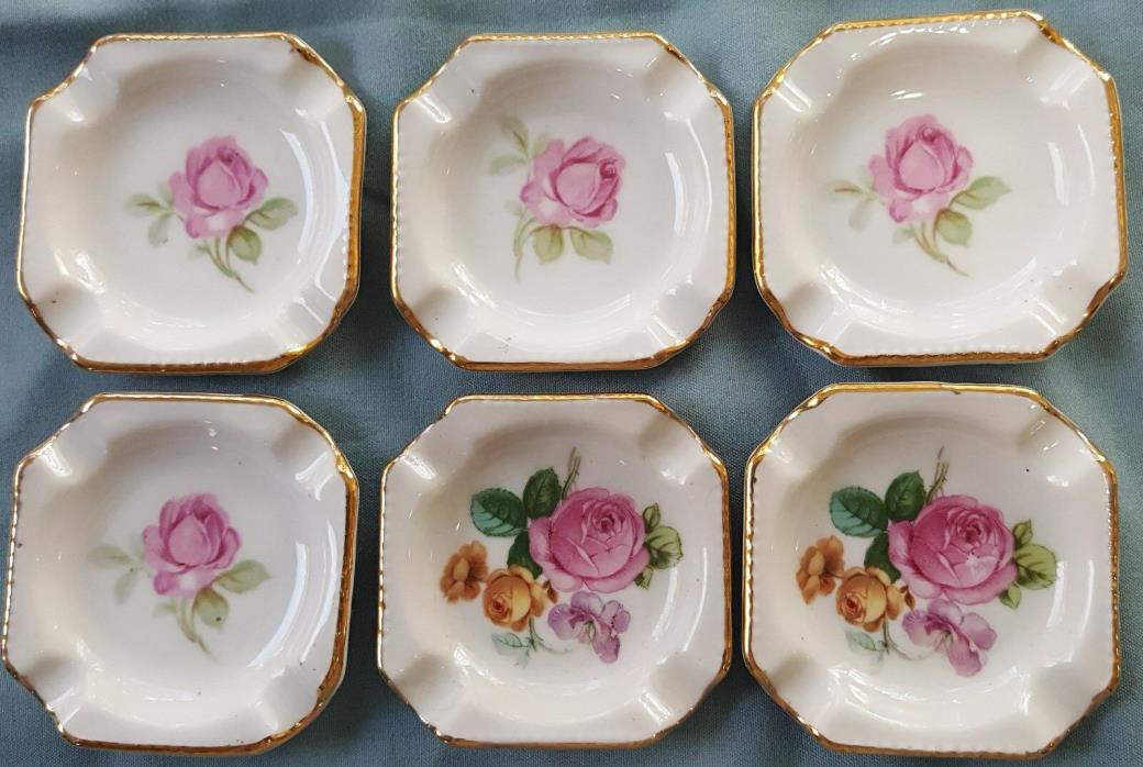 6 Germany Bavarian Porcelain Antique or Vintage Miniature Ashtrays w Roses
