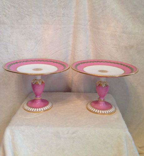 Antique Pair - Pink Footed Compote Pedestal Cake Plate, TC Brown-Westhead Moore