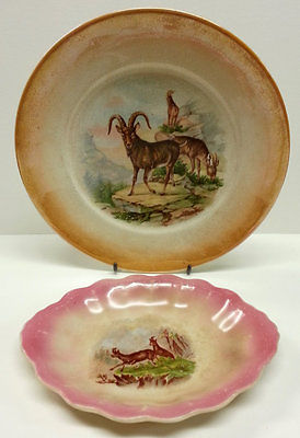 Antique Animals Porcelain Plates (2), Antelope Ram Lustre Ware,