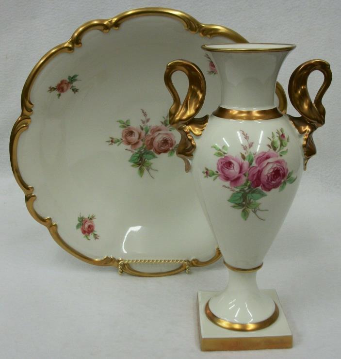 Vintage Lindner Kueps Bavaria Germany Rose Pattern Console Bowl & Tall Vase Set