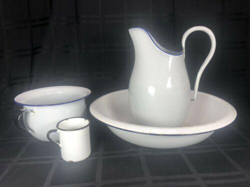Antique Enamel Wash Station Set Pitcher Basin White Estate Farmhouse Find
