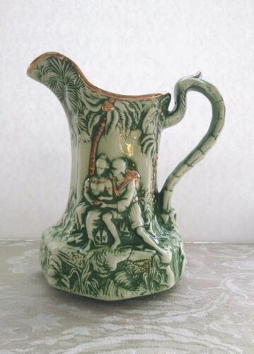 Antique Early English pitcher green figural pattern with lustre motif