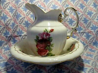 Water Pitcher and Wash Basin with Red Roses 10K Gold Trim in Excellent Cond.