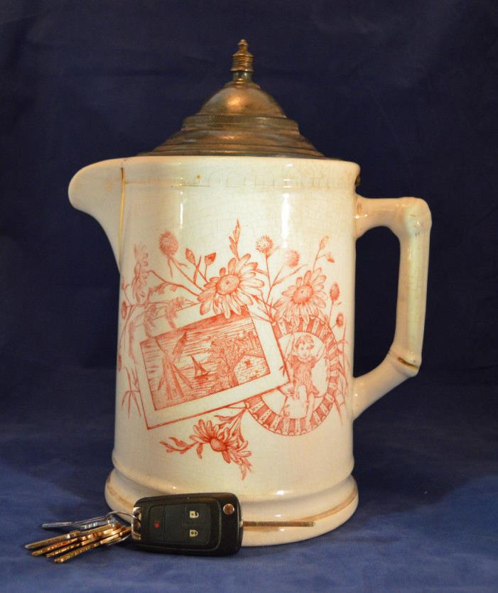 Vintage Ironstone Chocolate Coffee Pot with Pewter Lid - Transfer Decorated 1889