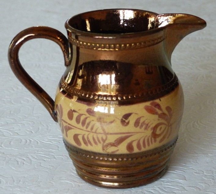 Antique Copper Lusterware Luster Ware Pitcher Yellow Floral Design #65