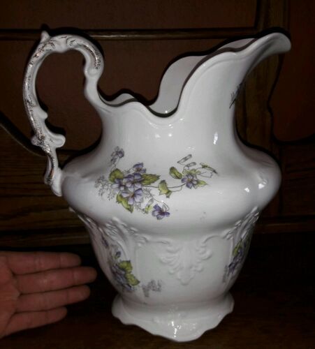Large Antique floral white purple Akron China Revere pottery Wash Pitcher 12