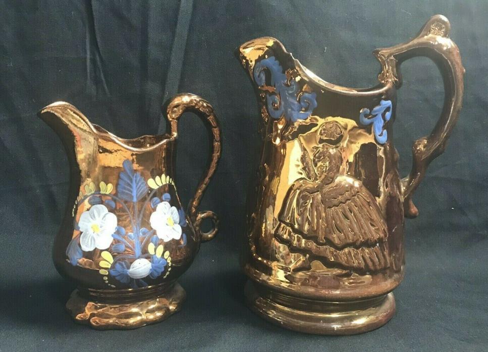 Pair Early Copper Luster Ware Figural w/ Cornflower Blue Trim Pitchers ~ YGF