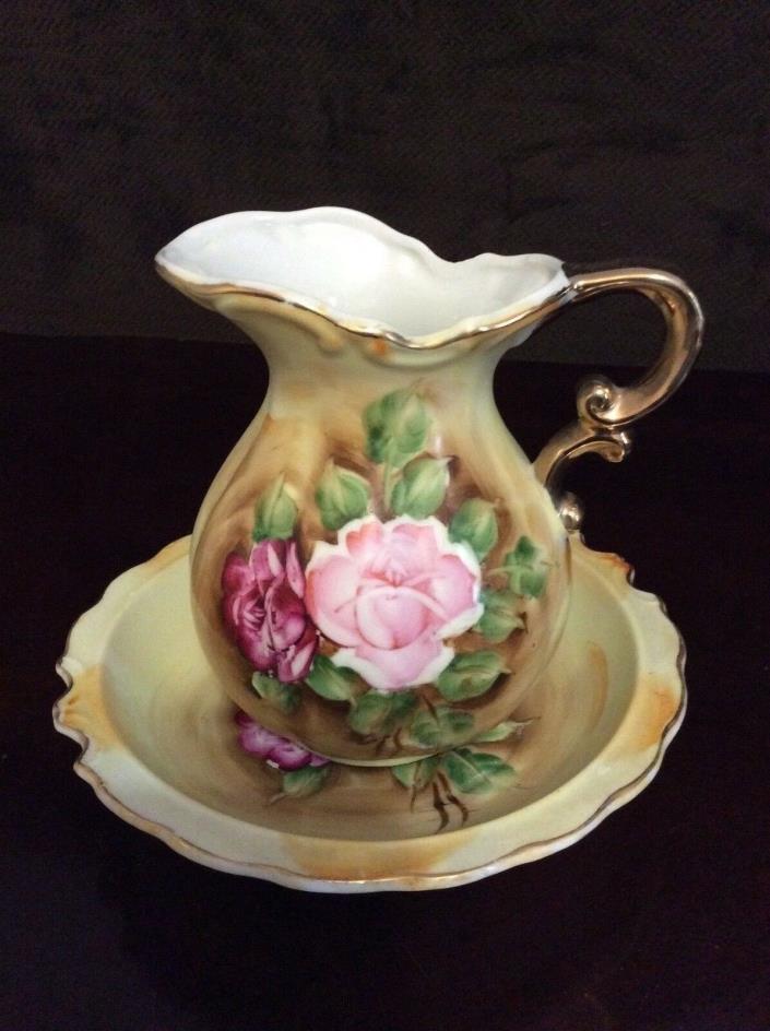 BEAUTIFUL VINTAGE ARTMARK HAND PAINTED PITCHER & BOWL ROSE FORAL JAPAN