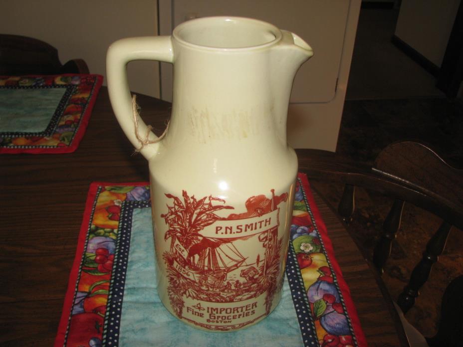 Antique vintage advertising by P.N. Smith pottery stoneware pitcher