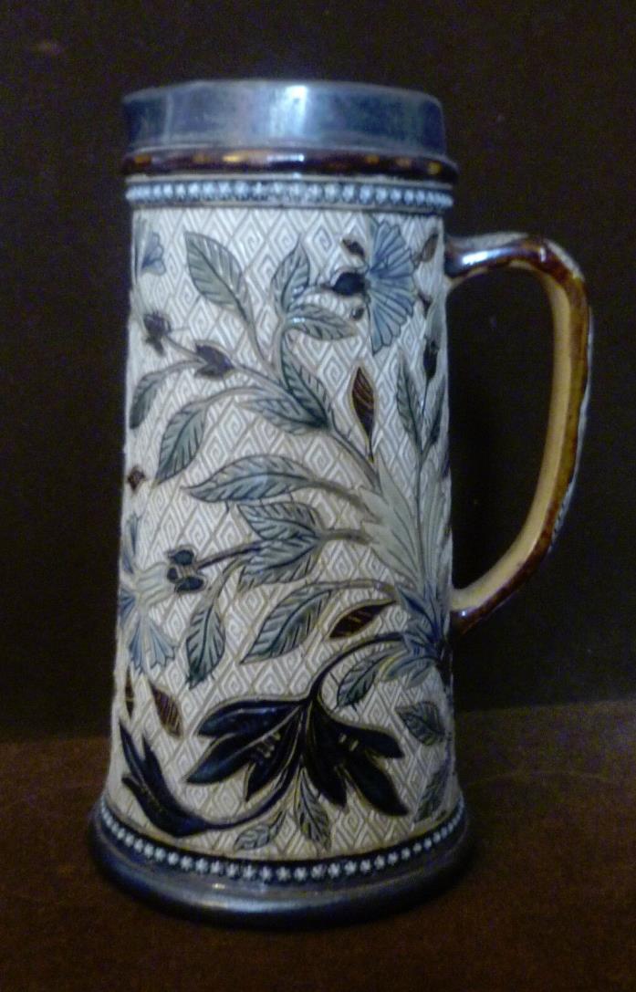 Doulton Lambeth Ale Pitcher, Blue Thistle, Raised Dots, Sterling Rim Signed 1878