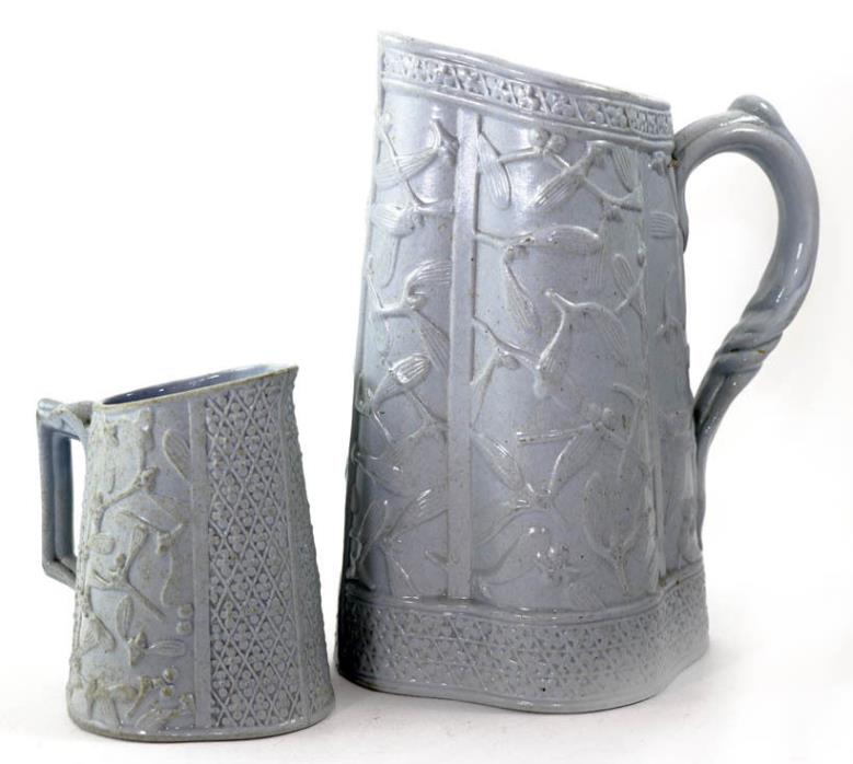Pair, salt glazed English Japonisme stoneware pitchers, Brownfield 1881 [3438]