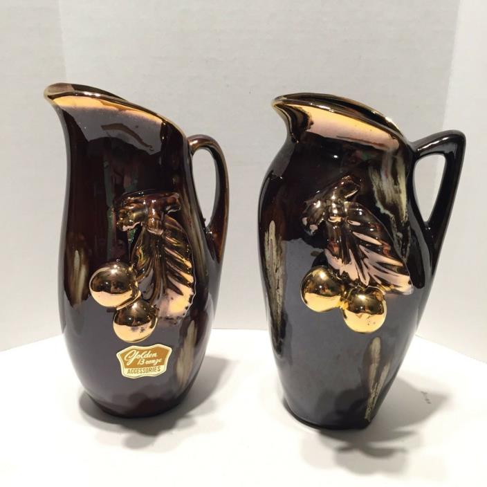 Vintage Pair Luster Brown & Gold Ceramic Pitcher Vases by Golden Bronze Pottery