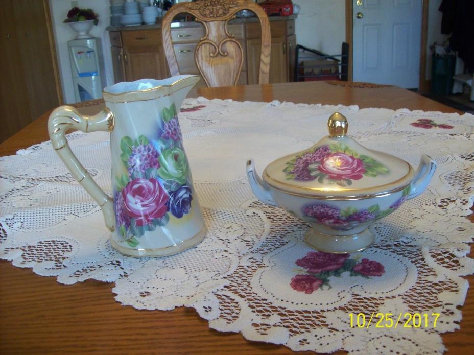 Porcelain China Vintage Elegant Floral Pitcher & Matching Covered Candy Dish