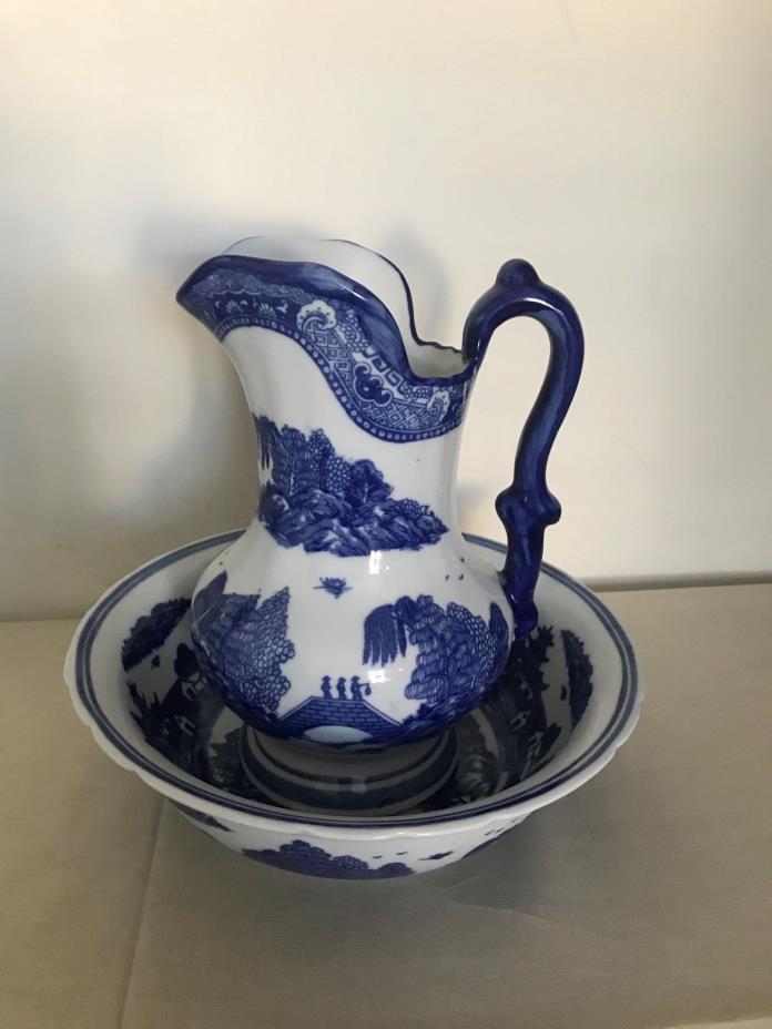 Victoria Ironstone Blue White Pitcher and Bowl Vintage