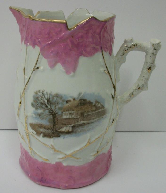 Antique Pink Lustre Gold Gilt German Porcelain Pitcher Homestead Scene Marked R