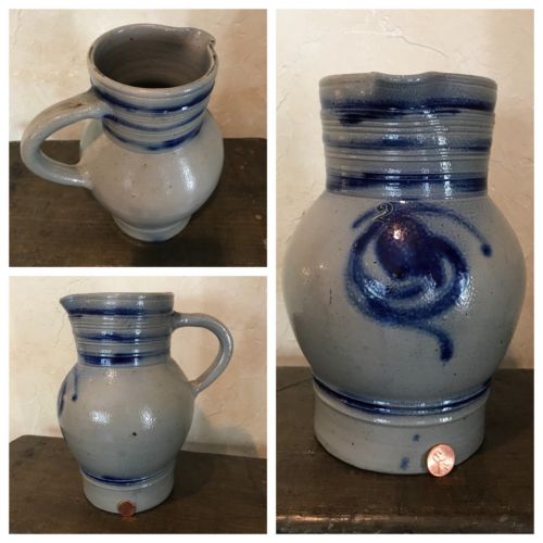 Vintage Country French Salt Glaze Stoneware Pottery Pitcher  Antique Cobalt Blue