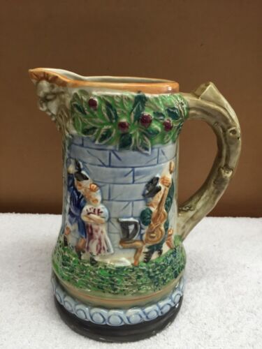 Vintage Victorian Style Ceramic Pitcher With  Raised Figures