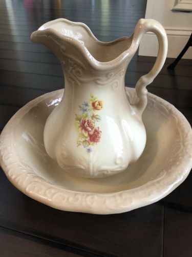 Antique Vintage 1800s Ironstone Wash Basin Bowl And Pitcher
