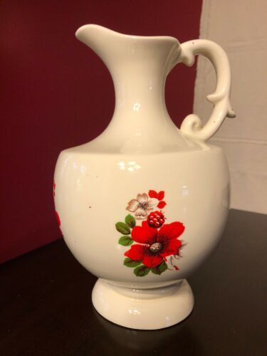 Vintage Alberta White Ceramic Water Pitcher Or Vase Vire Red Poppies Dogwood 9”