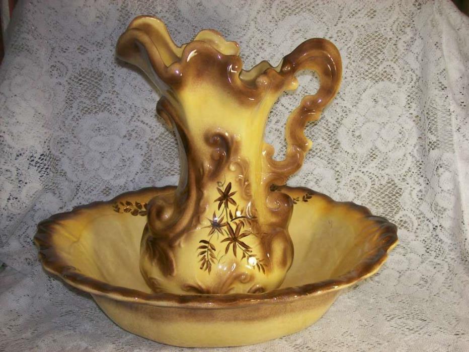 Ceramic Pottery Large Wash Basin and Water Pitcher Shades Brown Marked