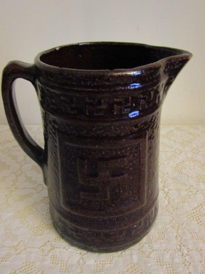 Antique Brown Glazed Pottery Pitcher Whirling Log Swastika
