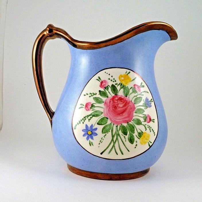 Cumbow China Trousseau (Blue) Pitcher with Rose & Copper Luster