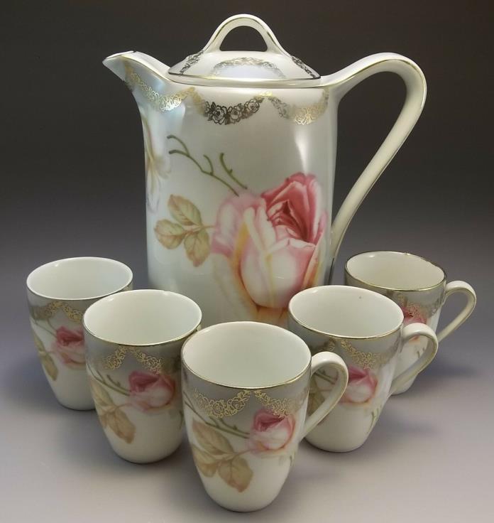 Antique Vessra German Chocolate Pot Cups Pink Roses Porcelain