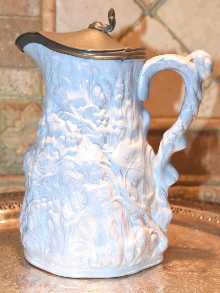 Ivy Tree Trunk Pattern Stoneware Hinged Pewter Lid Syrup Pitcher c1800's Blue