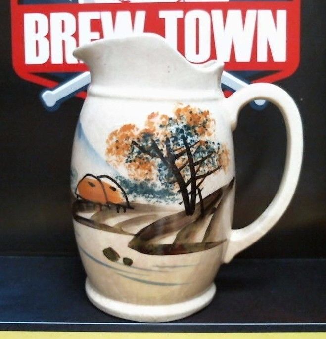 Vintage Ceramic Pitcher W/ Painted Country Scene Hills & Trees 7