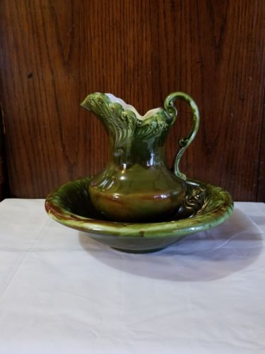 Estate Mullins Ceramics green/earthtone Pitcher and Wash Basin Bowl Antique