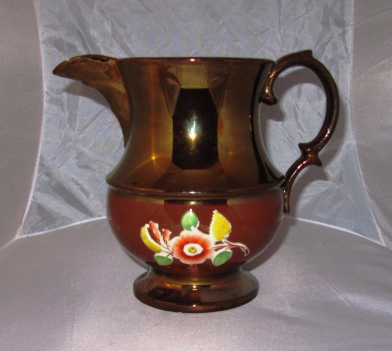 Early 1800s English Copper Luster Pitcher Relief Flowers chips along spout