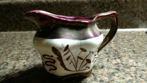 VINTAGE COPPER LUSTER WARE PITCHER Leaves Bronze White rectangular small y