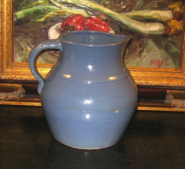 ANTIQUE PITCHER, c 1900-1940: BLUE GLAZED POTTERY, #232; 8.5 H X 8 W; 128 oz