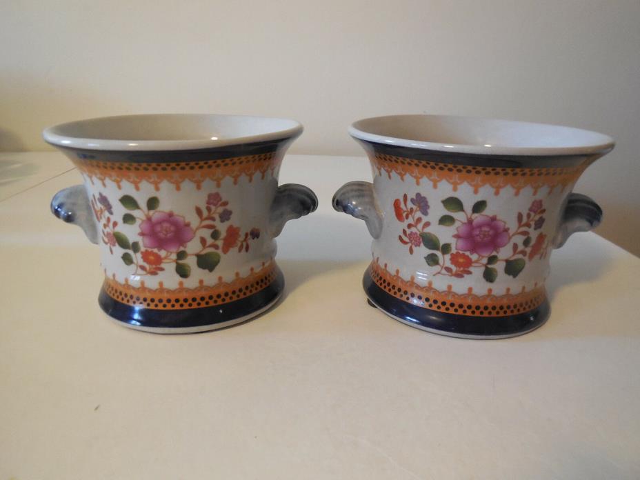 Pair Vintage Hand Painted Floral Double Handle Cache Pots