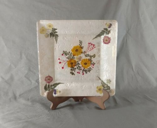 VINTAGE White Square Plate REAL DRIED FLOWERS Decorative Plate ~ RARE OOAK