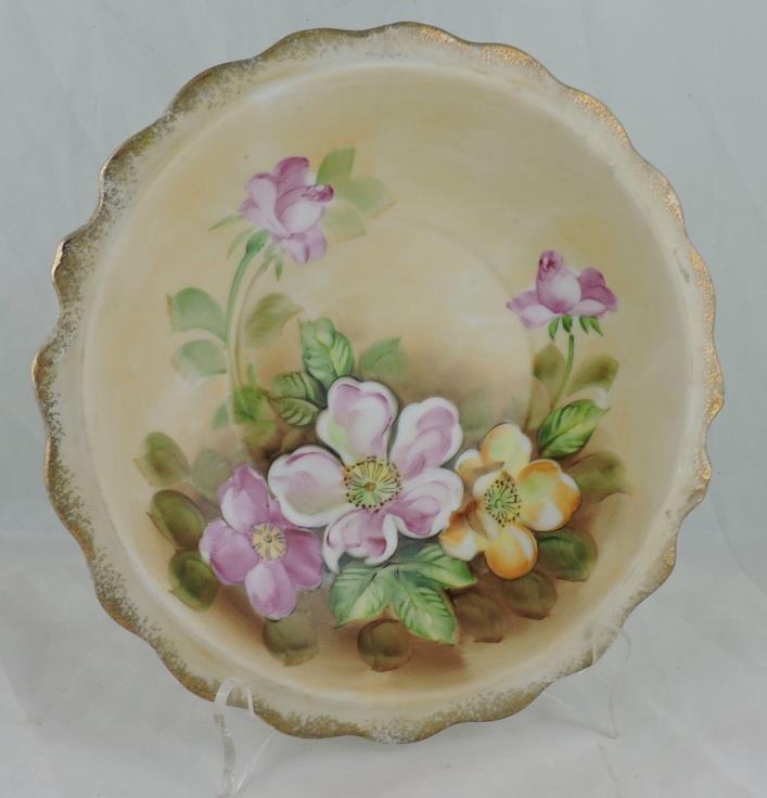ANTIQUE PLATE/SHALLOW BOWL,GOLD SCALLOPED HAND PAINT DOGWOOD OR TEA ROSE FLOWER