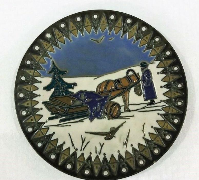 Antique Imperial Amphora Plate Austria Carved Glazed Pottery Winter Sleigh