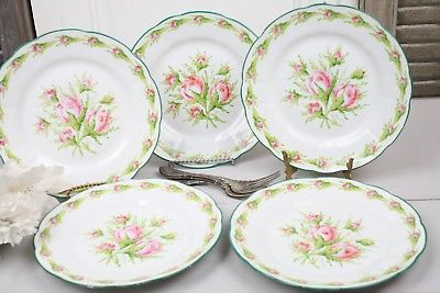 Rouen Faience Plates French China Set of 5 Pink Roses Briggs & Co Boston