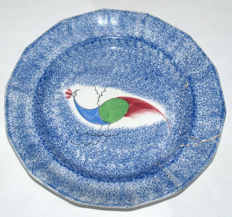 ANTIQUE PEAFOWL BLUE DECORATED SPATTERWARE PLATE ADAMS 3 COLOR BIRD - AS IS