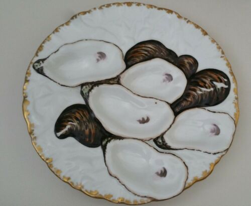 Limoges Turkey Oyster Plate In white brown & Gold