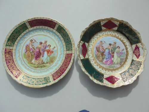 Pair Old Vintage Triumph des Amor Cupid in Chariot Lg Plates Gloria Germany Etc