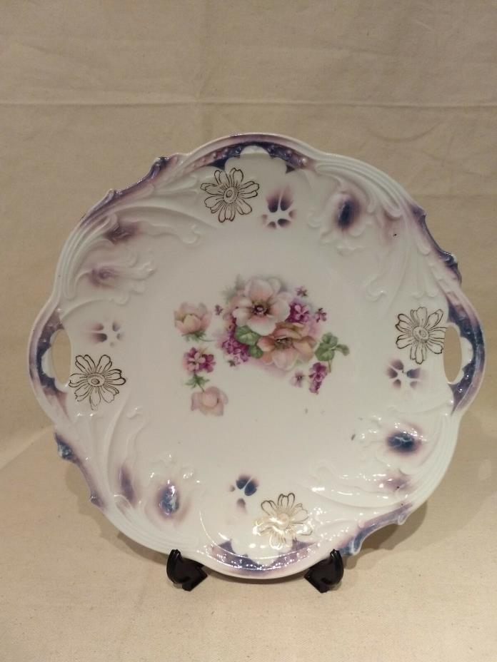 BAVARIA Hand Painted Porcelain 2 Handled CABINET PLATE Purple Trim FLOWERS Gold