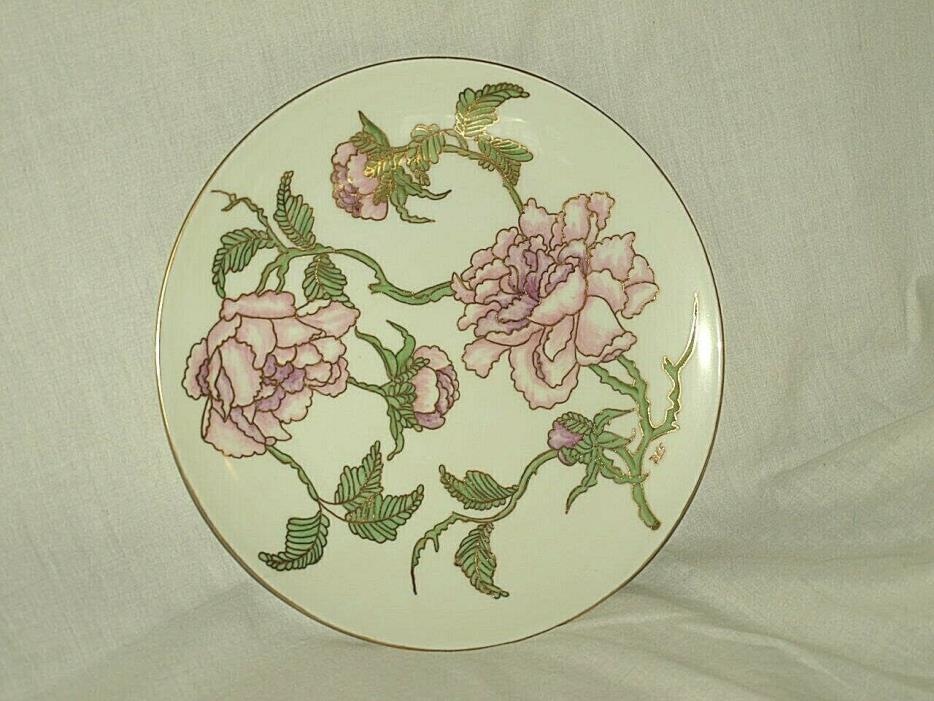 PORCELAIN HAND PAINTED LILAC PEONEY CABINET PLATE GOLD RIMMED FLORAL 10 1/2