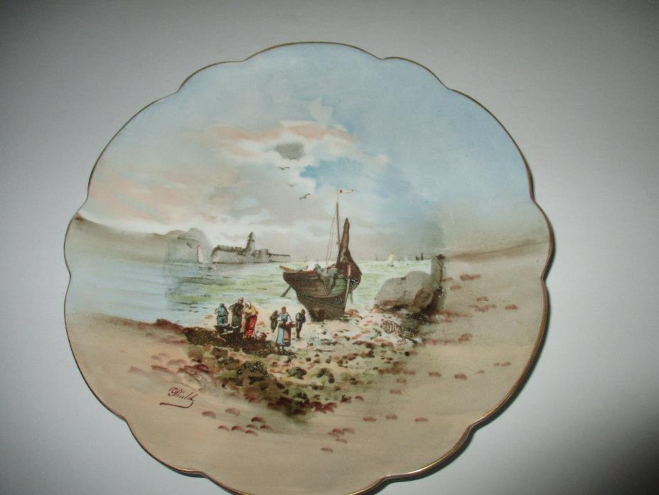 Limoges France Hand Painted Sea Side Scene Plate--Signed by the Artist