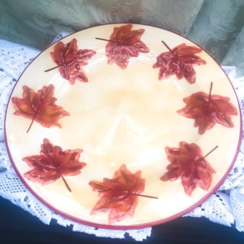 Vintage Porcelain 11-1/2” Serving Platter~Hand Painted Brown Leaves On Tan